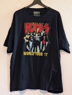 KISS World Tour 77 Graphic T Shirt Men 3XL Black Rock Band Tee Goth Retro Music